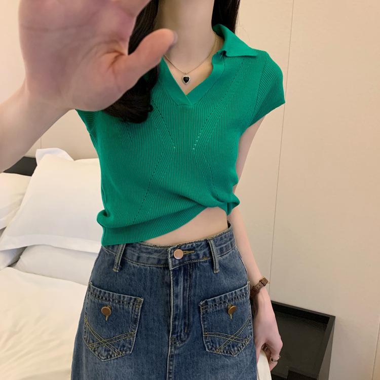 

Трикотажная рубашка с короткими рукавами, зеленая, тонкая, свежая, милая, с V-образным вырезом, короткая футболка, топы для женщин, повседневные, основные, комфортные и стильные, облегающие свитера, футболки One Size зелёный