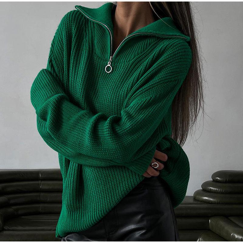032 Zipper Knit Pullover Sweater: Loose Fit Casual Women's Autumn/Winter European American Style