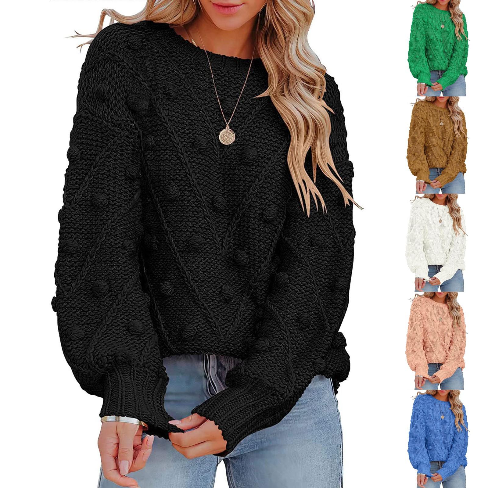 

Women s Fashion Solid Round Neck Wool Ball Knit Loose Long Sleeve Pullover Sweater