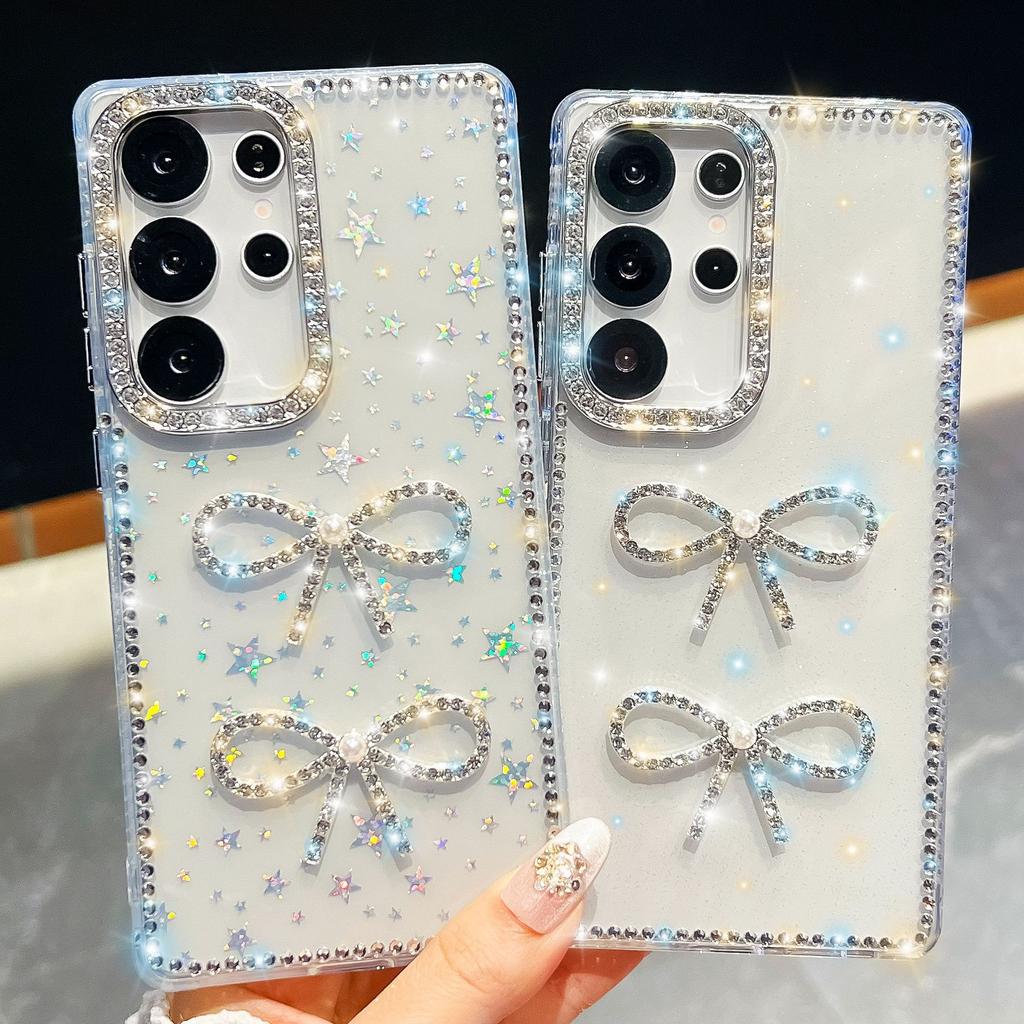 Flash Diamond Suitable for Samsung S25 Ultra Mobile Phone Case Bow A17 New A56 Luxury Flash Powder Protective Case