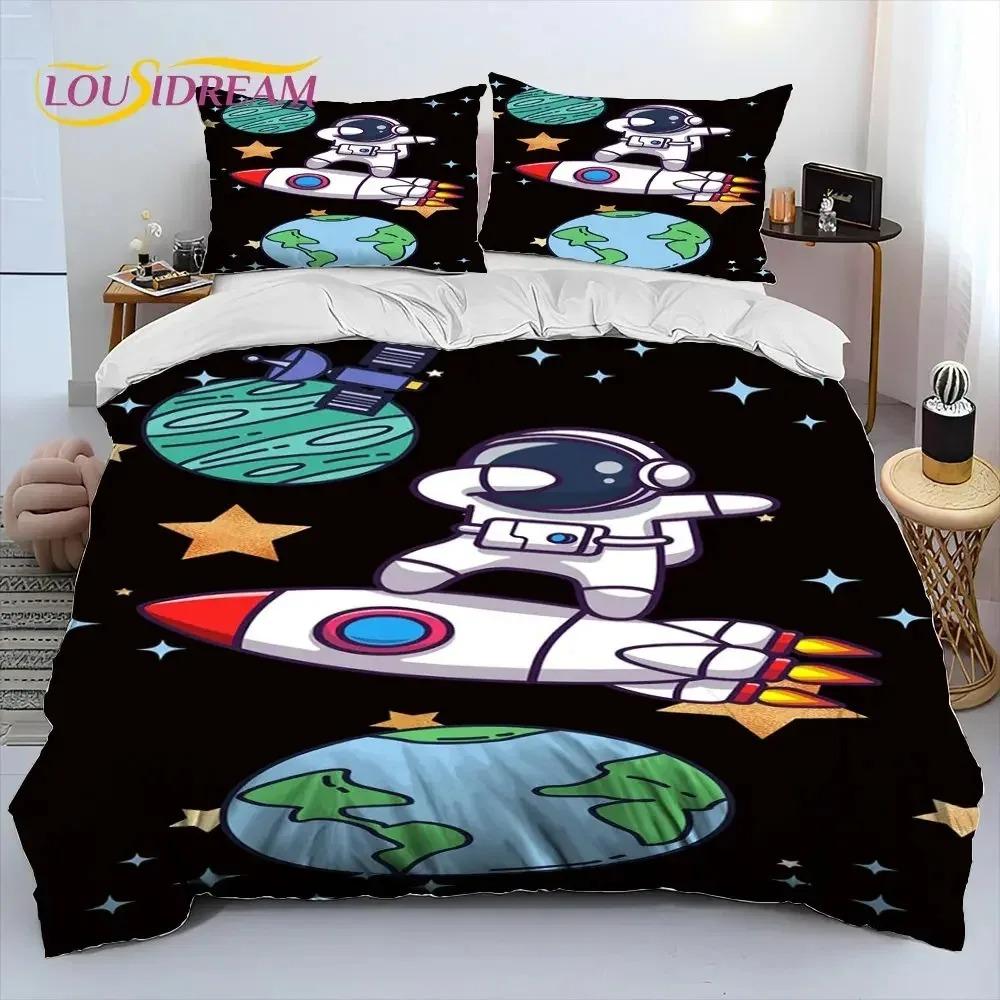 Astronaut Space Cartoon Comforter Bedding Set,Duvet Cover Bed Set Quilt Cover Pillowcase,King Queen Size Bedding Set for Child