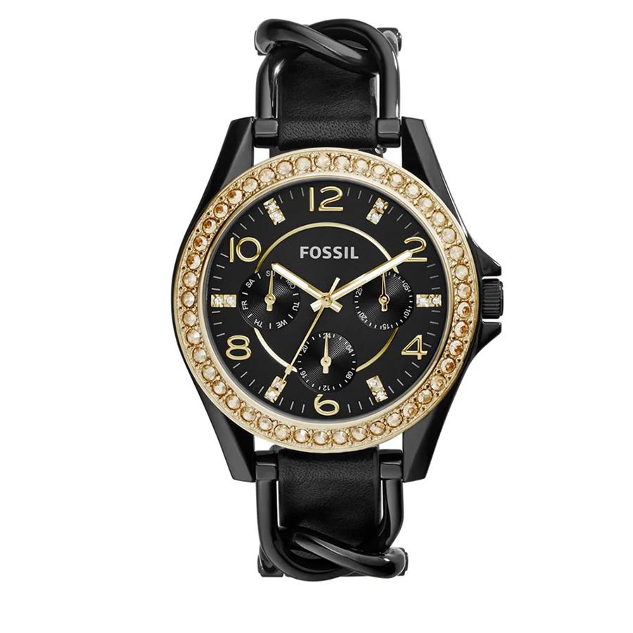 

Riley Black Dial Black Leather Strap Watch for Women ES3696