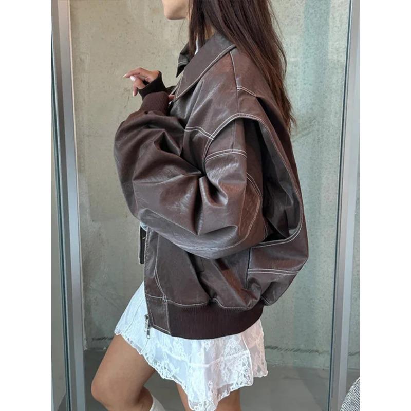 Fashion Patchwork Lapel Long Sleeve Coats Vintage Red Zipper Leather Jacket for Women Autumn Winter Female Casual Outerwear