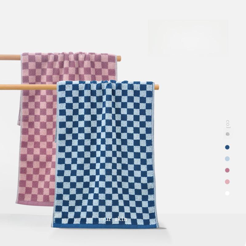 Checkered Bath Towel Cotton Face Towel Adult Absorbent Towels Gift Towel Supplies Bathing Tools