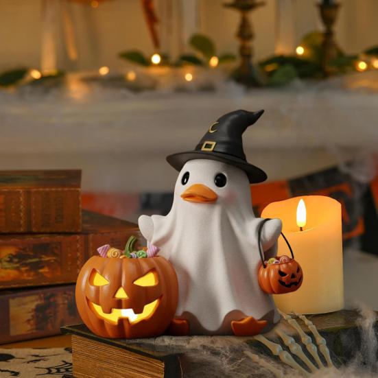 Halloween Witch Ghost Figurine with Candy Corn Pumpkin Decor Ghost Duck Halloween Resin Statue Halloween Decor