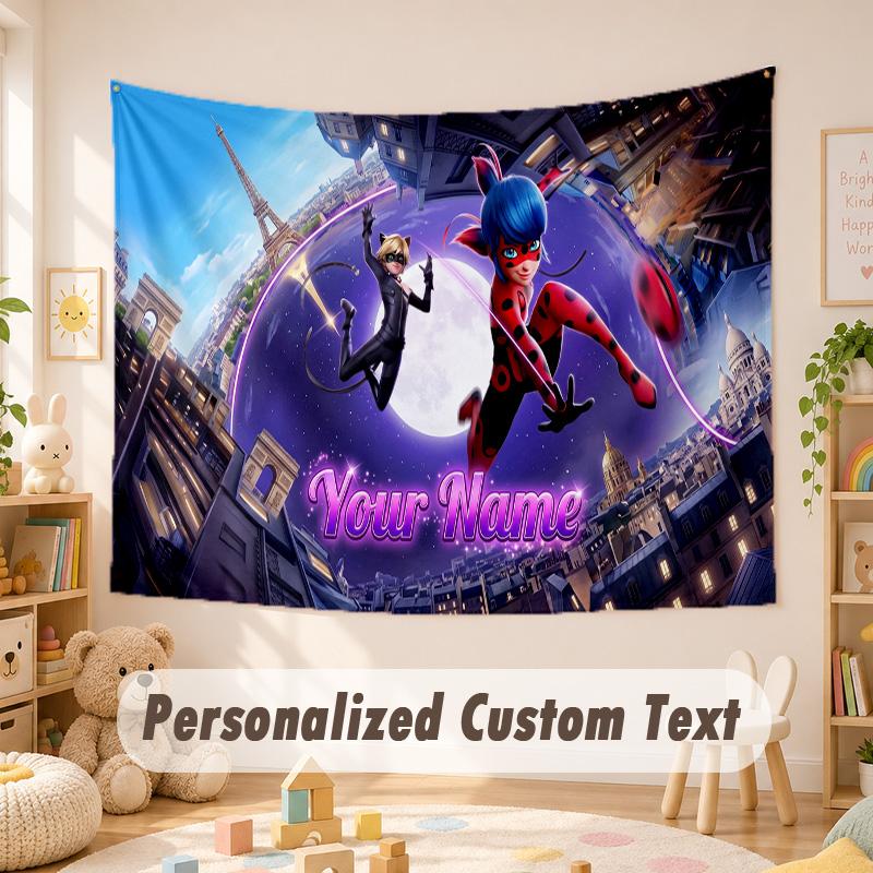 Custom Name Text Tapestry,Miraculous Ladybug Boho Wall Hanging, Decorative Backdrop Tapestry For Room