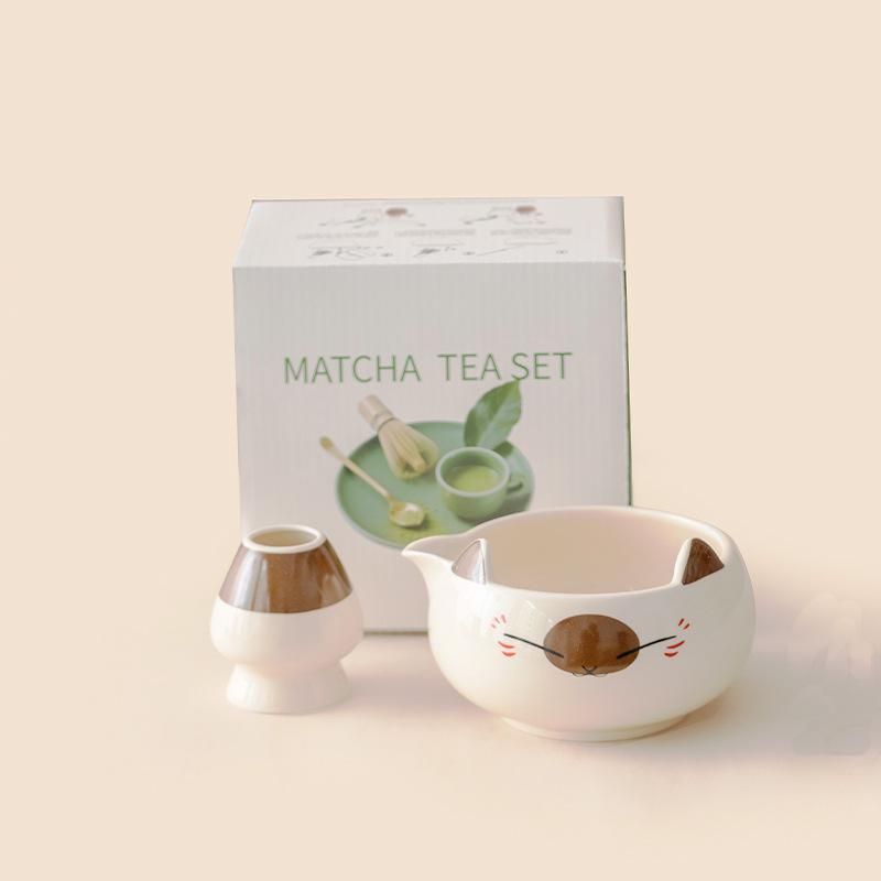 Ensemble de Thé Matcha en Forme de Chat Céramique Japonaise Bol Fouet en Bambou Tamis Boîte Cadeau pour la Préparation du Matcha Accessoires de Thé Mignons