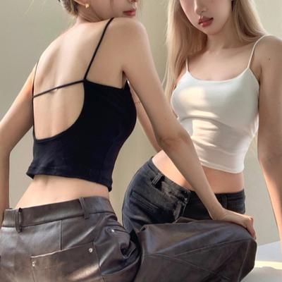 Sommer Kurze Sexy Backless Solide Baumwolle Tank Top Frauen Spaghetti Riemen Leibchen Aushöhlen Feste Tasse Bodenbildung Einfache Unterwäsche