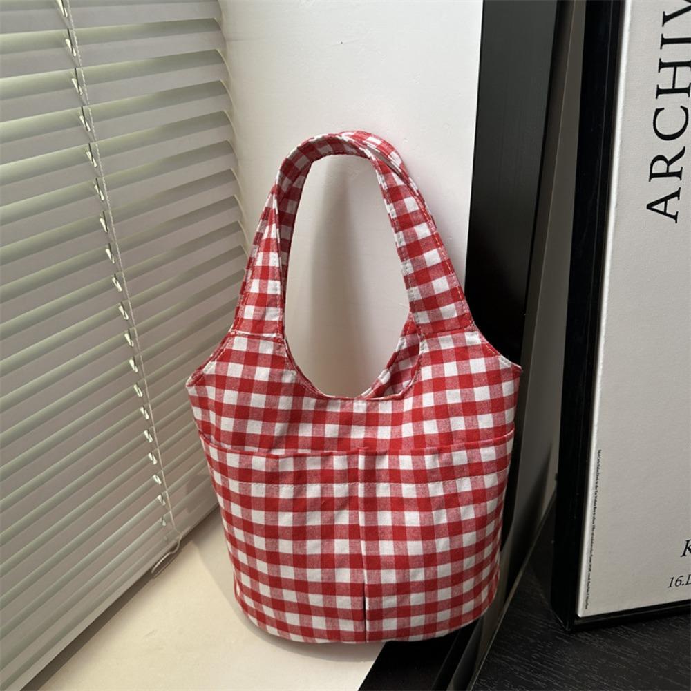 Fashion Red Plaid Tote Bag Large Capacity Shoulder Bag Lightweight Canvas Vest Bag  Storage Bag