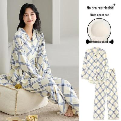 Women's Cloud Cotton Long-Sleeve Pajama Set with Chest Pads - Spring/Autumn Wear
