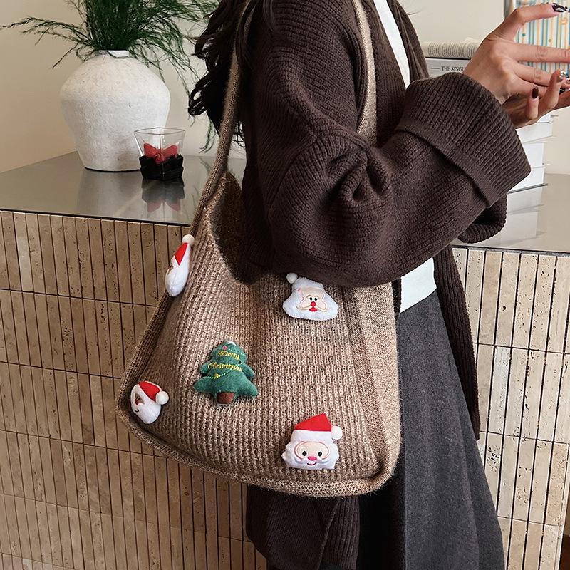 Christmas Knitted Shoulder Bag Women Simple Large Capacity Hollow Woven Tote Bag Textured Casual and Versatile Commuting Bag
