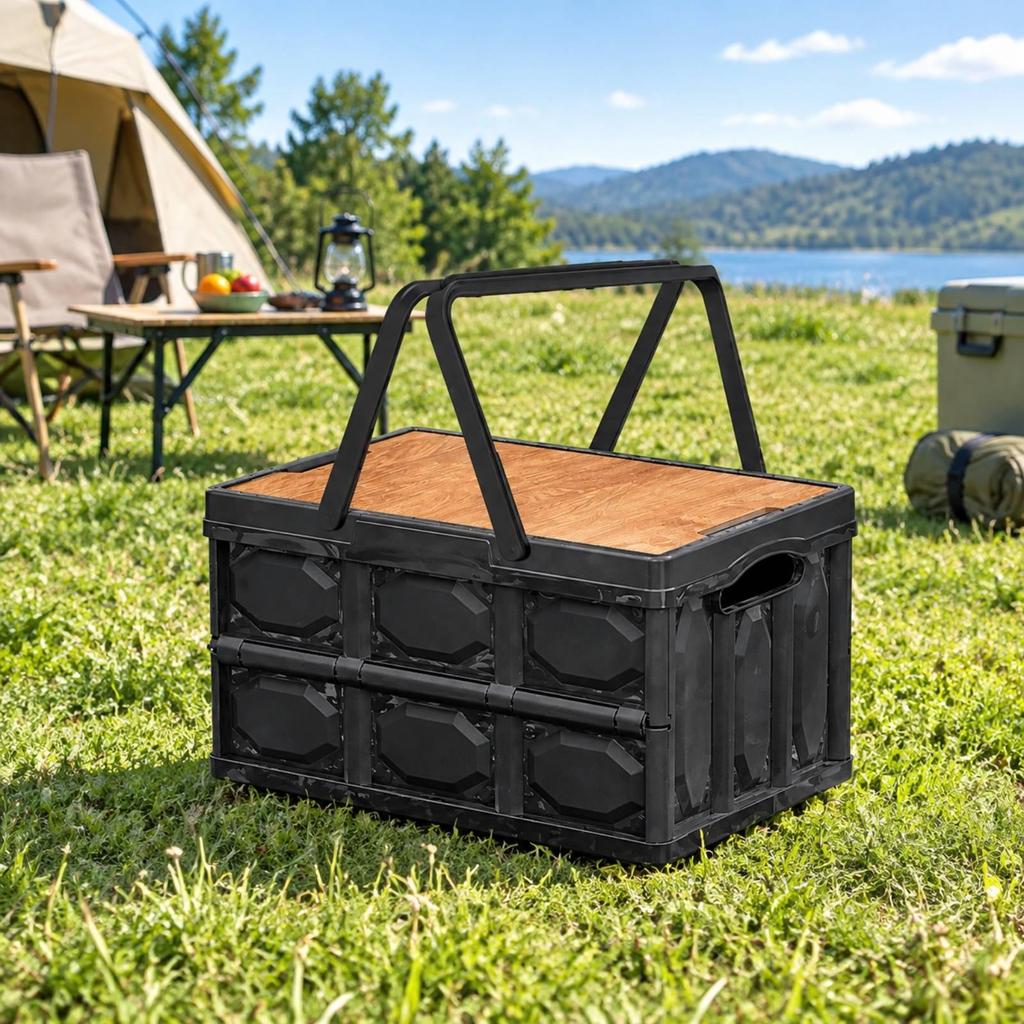 Folding Storage Box with Wood-Look Tabletop Compact Portable