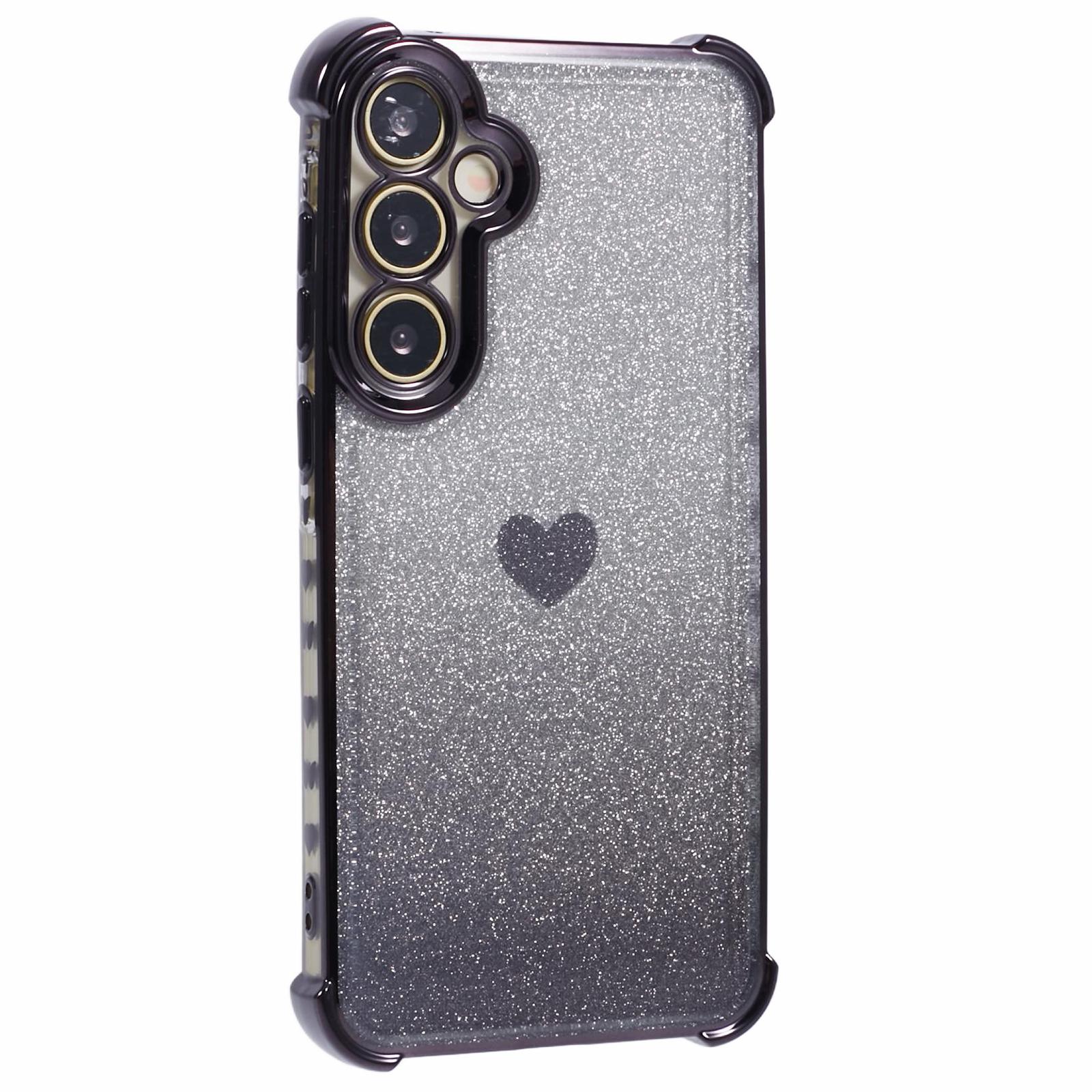 

For Samsung Galaxy A55 5G Phone Case Gradient Glitter Heart Electroplating TPU Back Cover Black