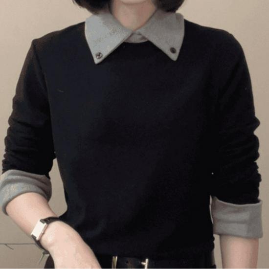 

320 Autumn Winter Color Block Long Sleeve Lapel Slimming Top for Women L чорний