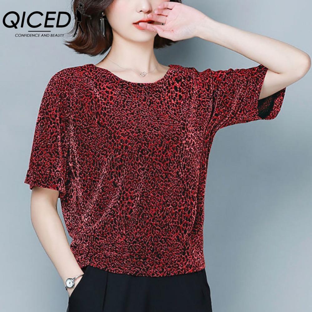 

QICED Женская Мода Повседневный Леопардовый Принт Короткий Рукав О-образный Вырез Блузки и Рубашки XXXL