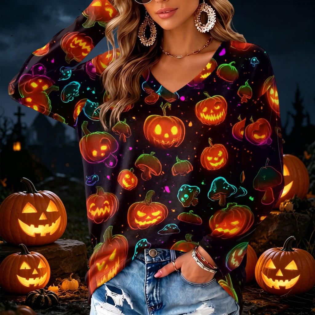 Women's V-Neck Long Sleeve Lightweight Halloween Print Blouse for Casual Wear