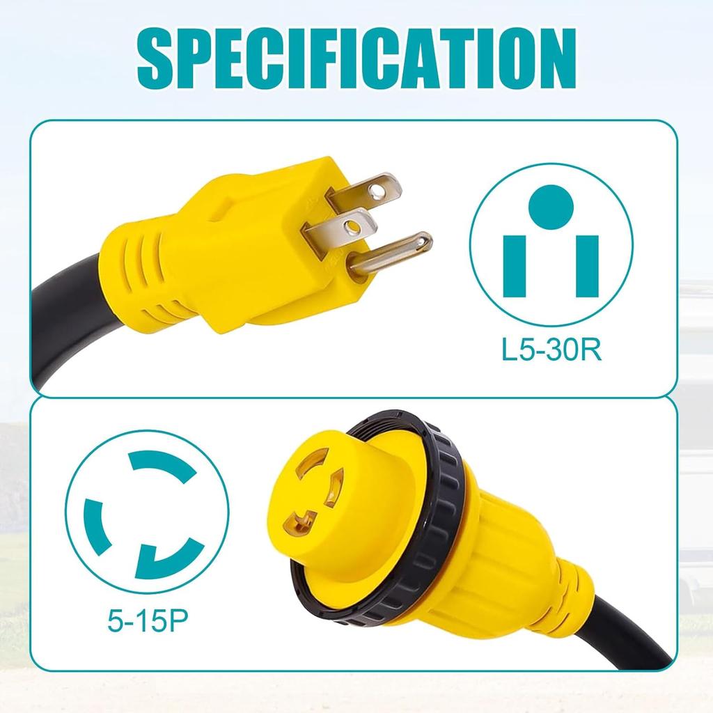 Heavy Duty 15A Male To 30A RV Power Adapter – Twist Lock L5-30R To 5-15P Converter 12" Dogbone Cord for Campers Trailers 125V Durable Safe