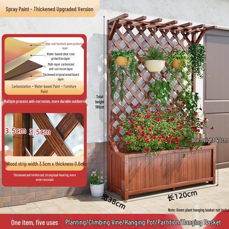 Carbonized Wooden Planter with Trellis: Outdoor Anticorrosive Flower Pot and Climbing Rack for Balcony or Garden.