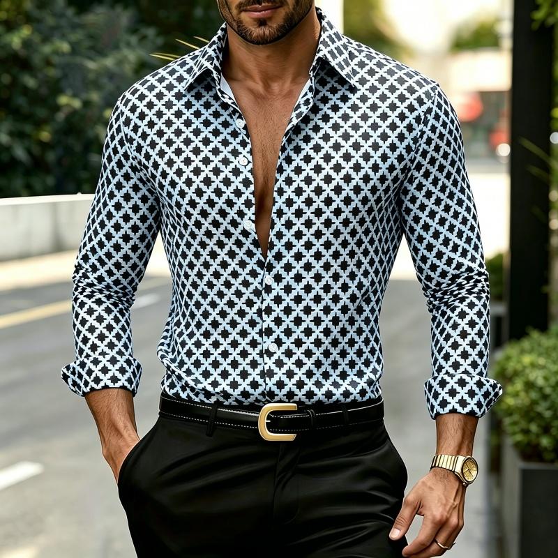 2026 Nuova Camicia da Uomo Geometrica a Griglia di Diamanti Bianca e Nera, Camicia Stampata Personalizzata, Abbigliamento da Uomo Versatile alla Moda Casual