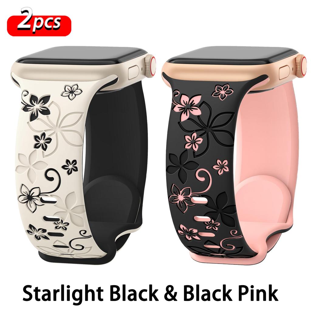 Floral Engraved Strap For Apple Watch Band 46mm 41mm 40mm 44mm 45mm 42mm 49mm Silicone Sport iWatch Series 11 10 SE 9 8 Ultra 2