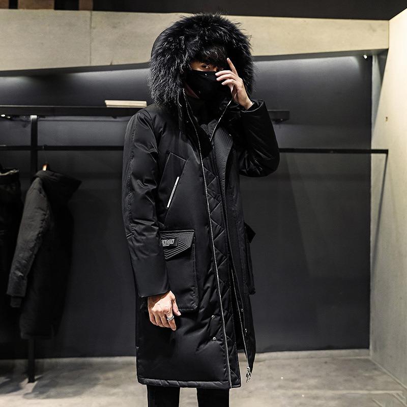 Long Down Jacket Men's Winter Big Fur Collar Tooling Over the Knee, Down Thickened Warm and Cold Jacket