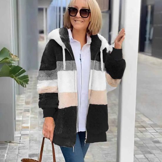 Dámská bunda z huňatého fleecu, nadýchaný sherpa kardigan na zip, podzimní zimní hřejivý kabát s kapucí se stahovací šňůrkou a kapsami