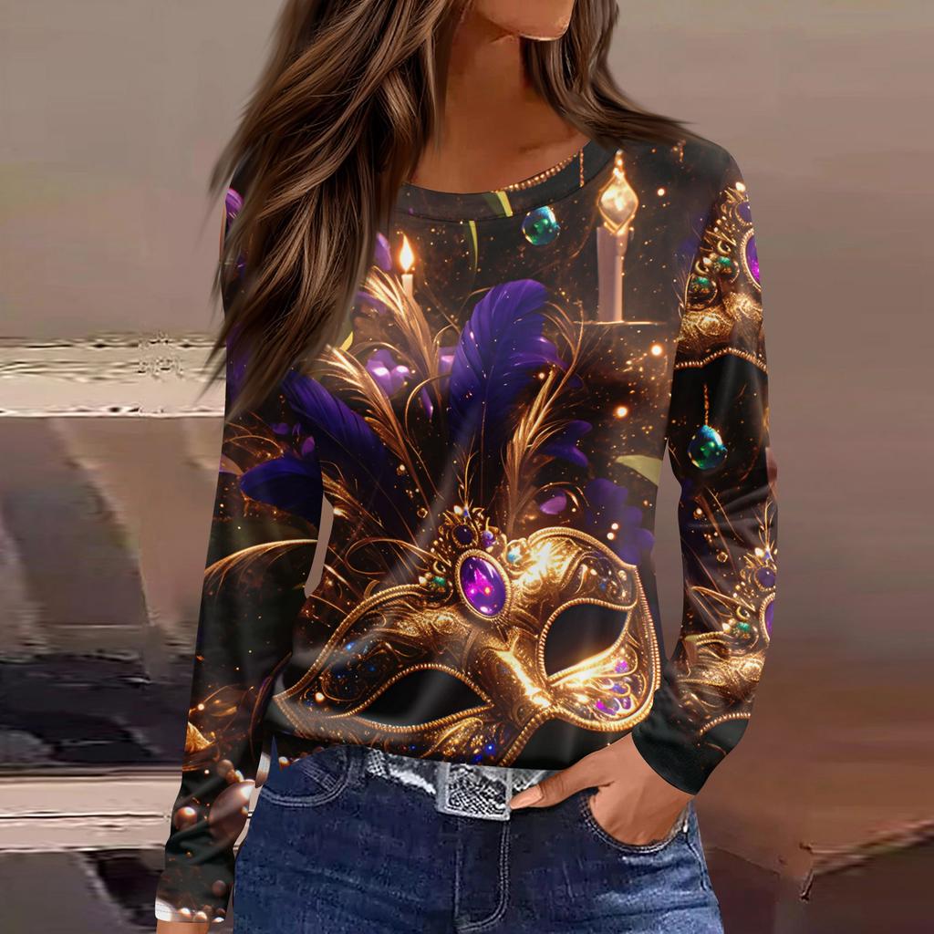 Women's Fashion Casual Slit Hem Round Neck Long Sleeve Loose Printed T-Shirt Top