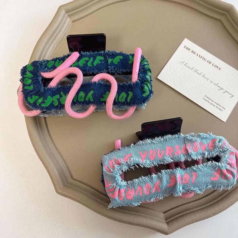 

Denim Large Hair Claw For Women Korean Style Double Side Letter Square Ponytail Shark Clips Personality Hair Accessories