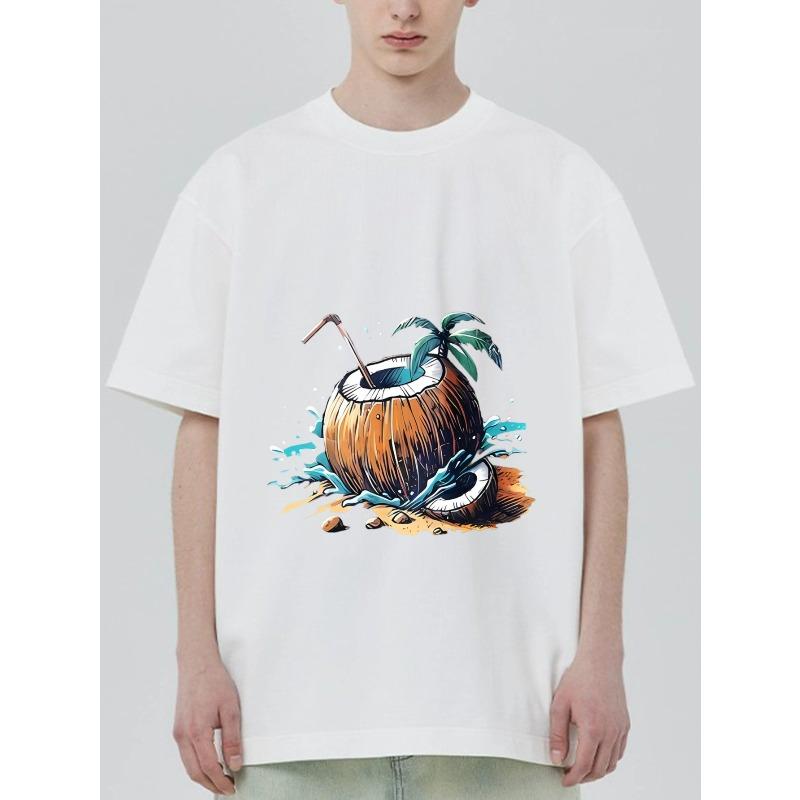 Rundhalsshirt Schwarz Kokosnuss-Cocktail mit Palme und Strohhalm Sommer Strandurlaub Kleidung
