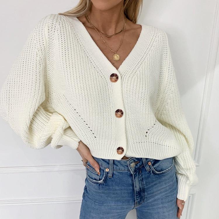 Winter Loose Solid Color V-neck Button Knit Cardigan Top For Women