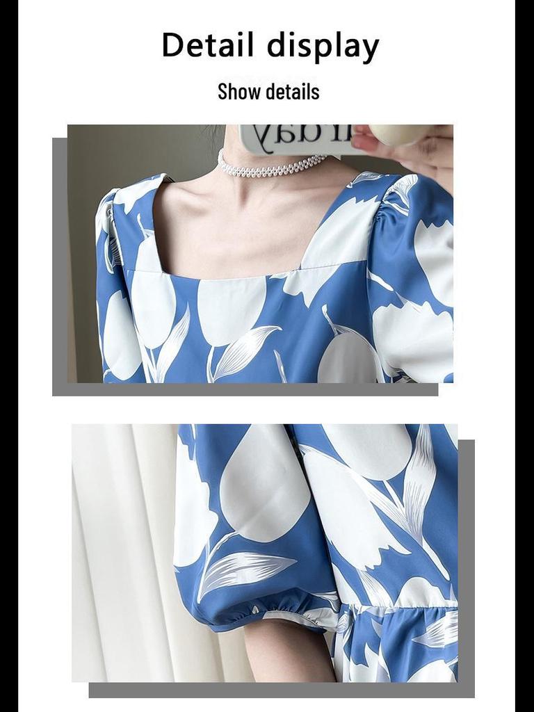 New Summer Fashion: High-End Mid-Length Maternity Dresses with Printed Puff Sleeves