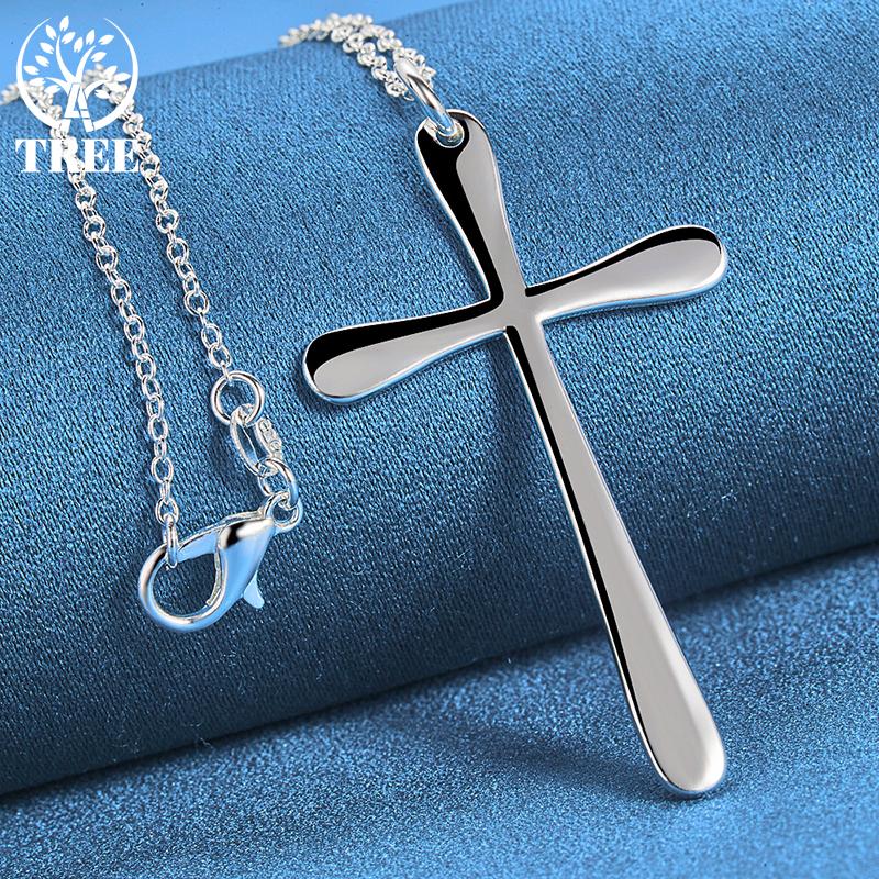 AliZero 925 Sterling Silver Flat Cross 18Inch Pendant Necklace for Women Wedding Fashion Jewelry