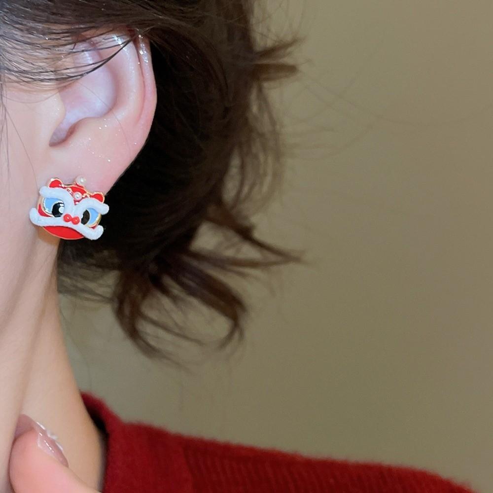 Year of Horse Lion Dance Ear Studs Awakened Lion Drop Earrings Bow Lion Dance Earrings  Wedding