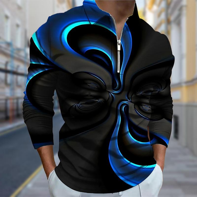 

Рубашки поло мужские с длинным рукавом, симметричный люминесцентный принт, новая мужская рубашка поло с длинным рукавом, футболка на молнии, топ 3XL синий