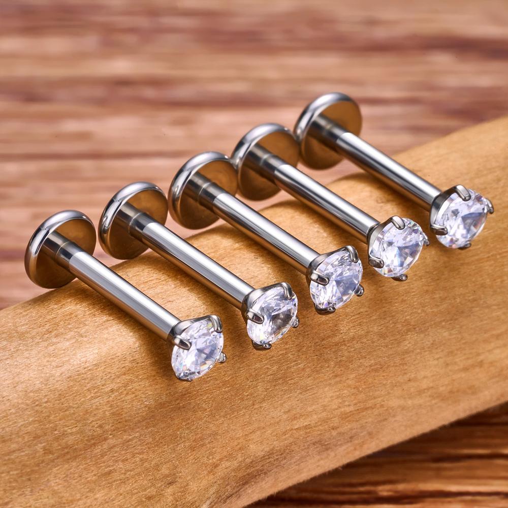 10Pcs ASTM F136 Titanium 18G/16G Internal Teeth Labret Stud CZ Cartilage Earring Helix Tragus Nose Stud Piercing