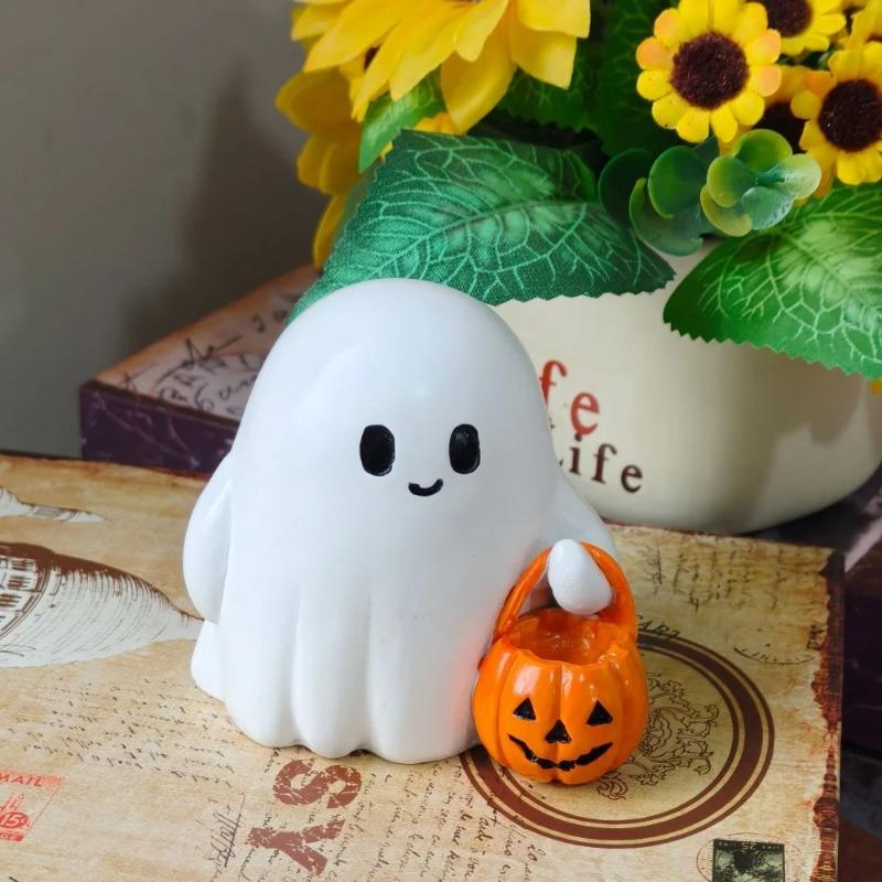 Indoor Outdoor Cute Ghost Statue Holding Pumpkin Statue Resin Halloween Home Decorations for Living Room Bedroom Garden