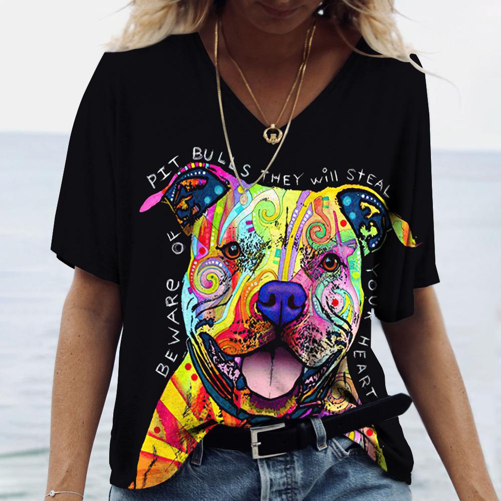 Summer V-neck 3D Dog Printed Top Fashionable Casual Short Sleeved Women's T-shirts