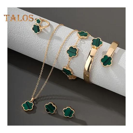 

5 шт./компл. женский комплект ювелирных изделий Lucky Flower Decor сверкающие стразы ожерелье браслет серьги кольцо комплект модные ювелирные изделия зелёный