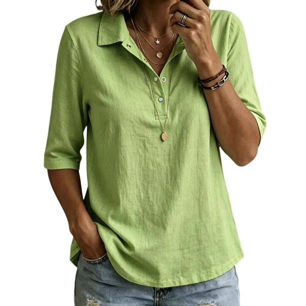Women Casual Half Sleeve Shirt Lightweight Buttoned Polo Collar Top Relaxed Fit Tunic Blouse for Everyday Wear