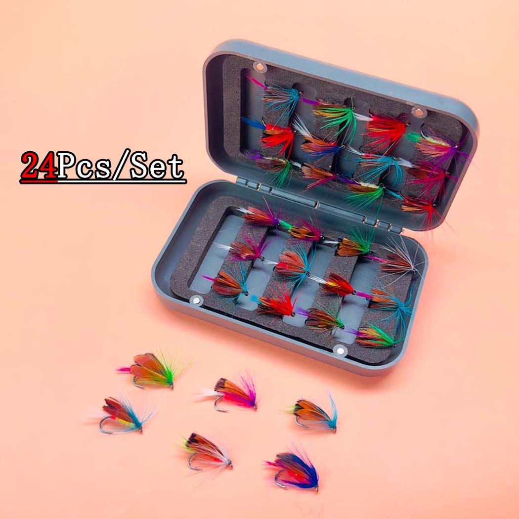 

24 шт./коробка-сухая мушка/ручной работы разноцветные мотыльки наживка набор для ловли форели окуня лосося (бабочка) Материал: Искусственное перо и вискоза 24Pcs/Set