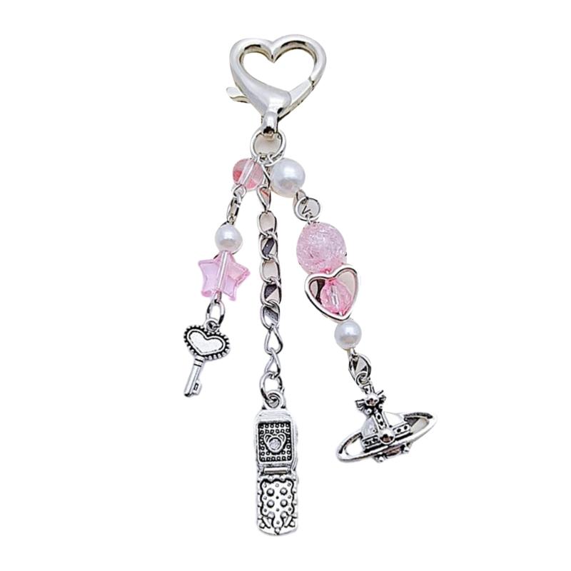 

Handmade Phone Lanyard with Beads Y2K Heart Pendant Phone Lanyard Sweet Cool Heart Star Keychain Phone Chain Jewelry