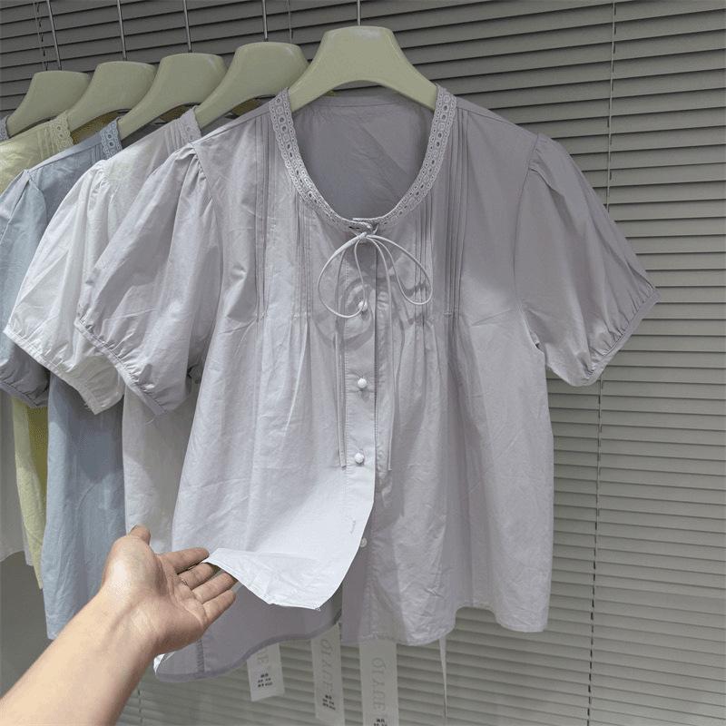 1116 Summer New Bubble Sleeve Shirt Women's Small Lace Splicing Bubble Sleeve Short Sleeve Top