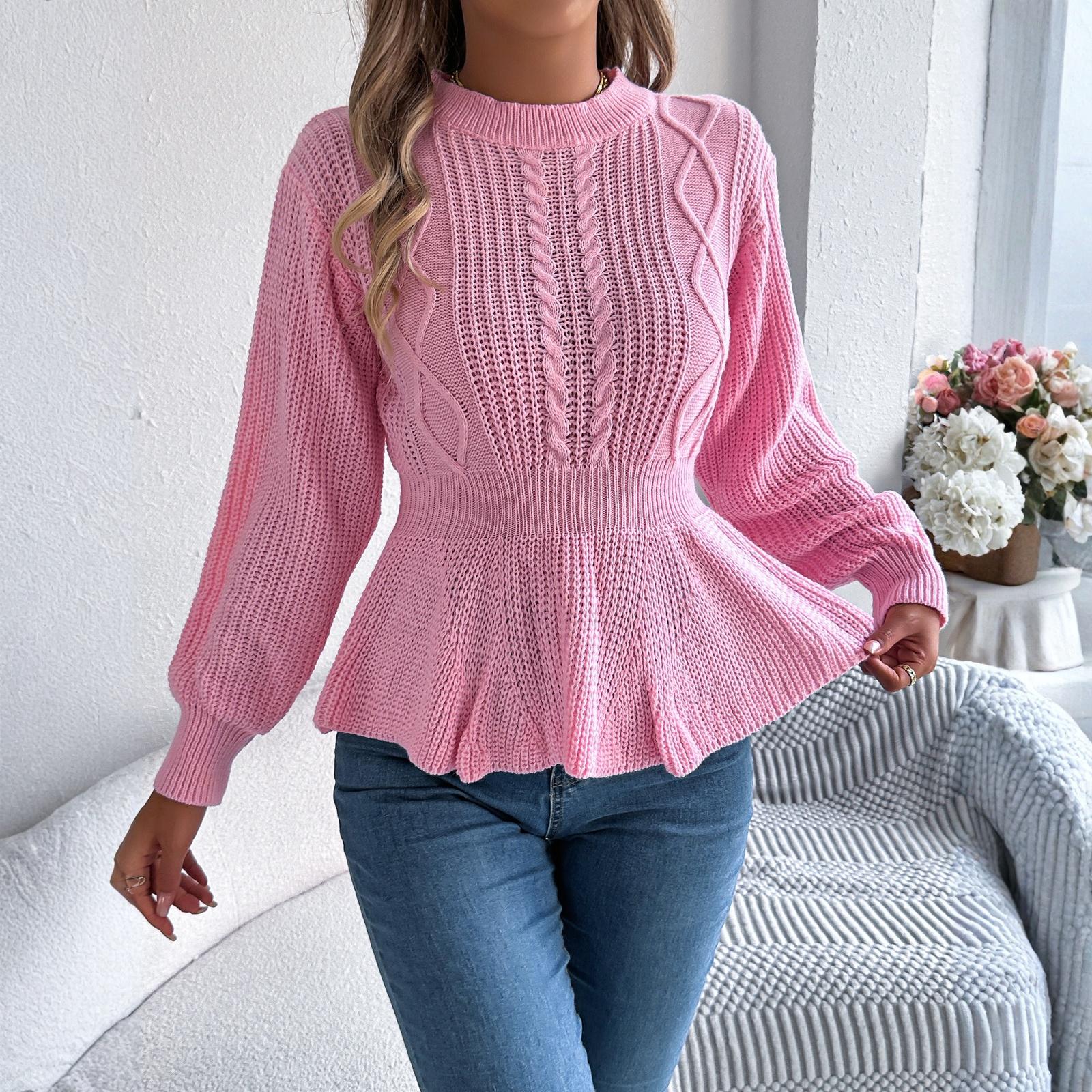 

26-3-14-Women s Fashion Casual Round Neck Long Sleeve Knitted Top Solid Color Cable Knit Waist Cinched Ruffled Pullover Sweater2101 S розовый