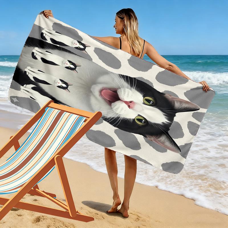 Cow Cat Siamese Print Beach Towel, Large Soft Quick Dry Towel for Beach Camping Swimming