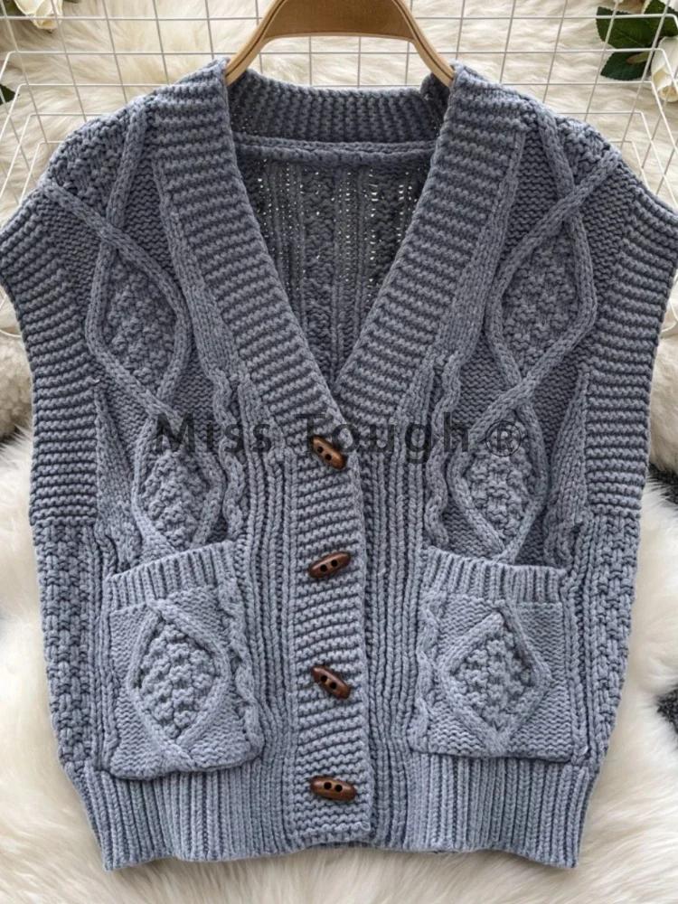 Høst Vintage Senior Strikket Cardigan Kvinner Chic Design Ermeløs Enkeltspent Topper Kvinnelig Casual Pretty Løse Klær Ny