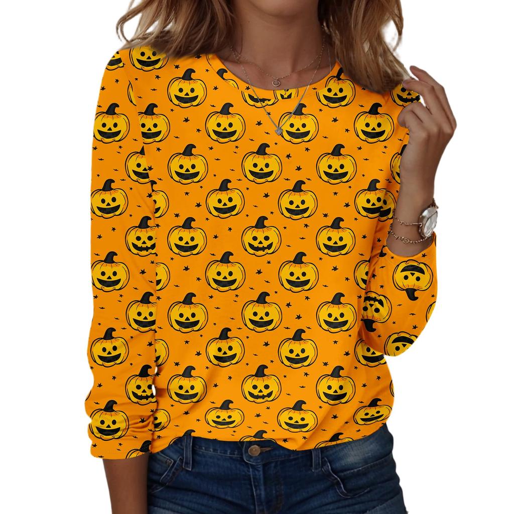 Women's Casual Long Sleeve Pullover Top Halloween Print Round Neck Shirt Lightweight Comfortable Fit for Daily Wear