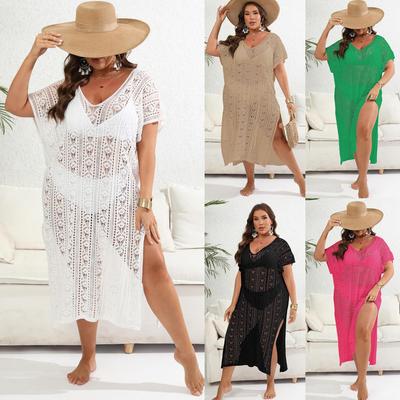 Sommer Übergröße Einfarbig V-Ausschnitt Bikini Bluse Damen Ästhetisch Lässig Locker Aushöhlen Kurzarm Kleid Weiblich Vintage Offener Schlitz Schulterfrei Kleidung