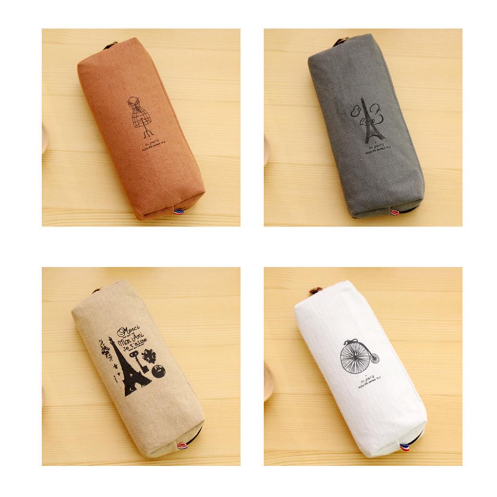 Grid Organizer Burlap Pencil Case Cosmetic Pouch Stationery Storage Makeup Bag