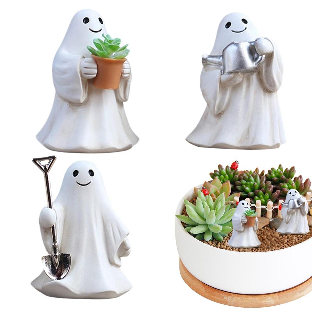 3pcs Garden White Ghost Set Ornaments Halloween Decorations Resin Horror Cute Ghost Sculptures For Indoor Outdoor Garden Yard
