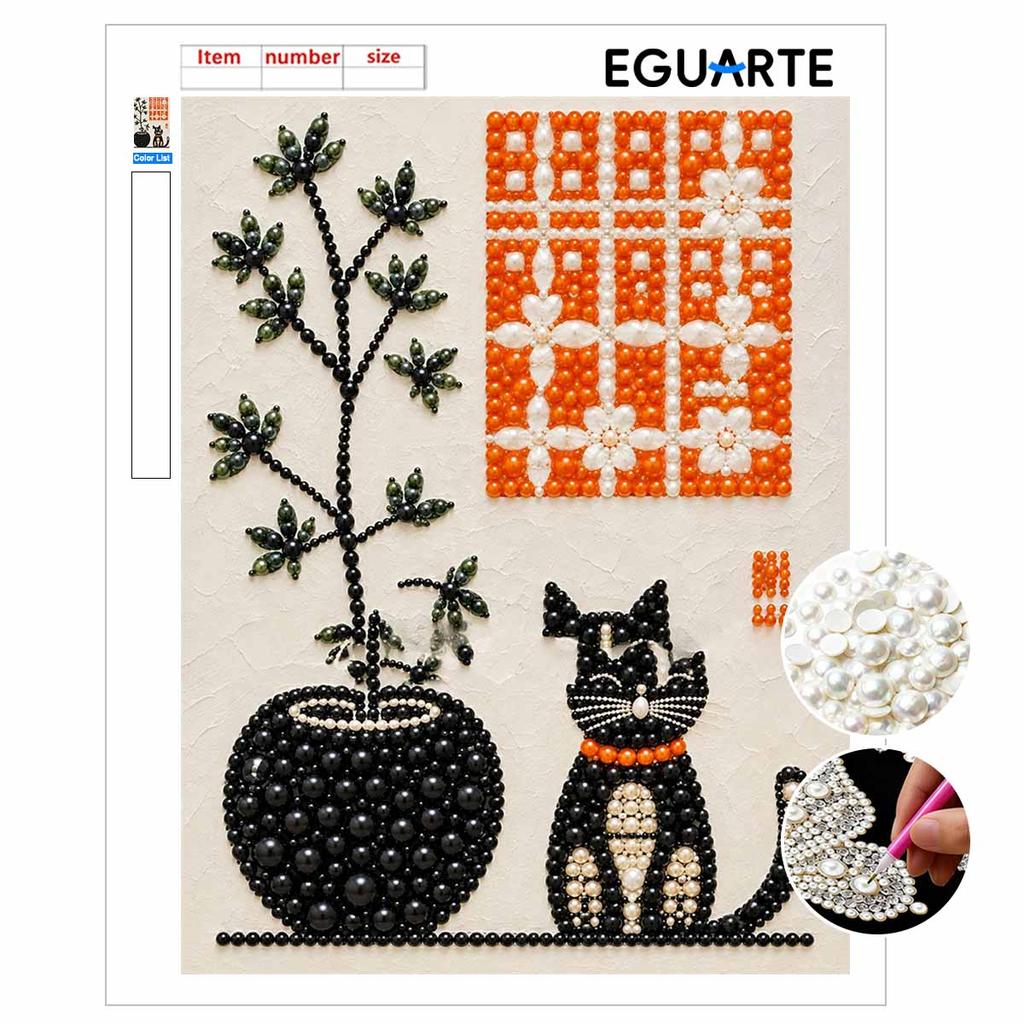 DIY Stretched Canvas Pearl Art Kit Black Cat and Floral Grid Design 5D Sparkling Bead Painting Relaxing Hobby Gift for Home Decoration